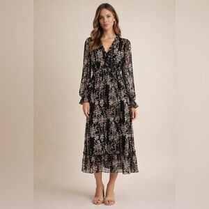 Black Floral Chiffon Midi Dress Ruffle V-Neck Long Sleeve Size M